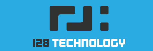 blue rectangle with 128 Technology in white letters